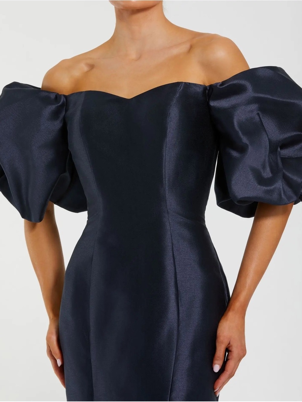 Mac Duggal 50677 Navy Sweetheart Off The Shoulder Puff Sleeve Gown Size 12 NWT - Picture 2 of 8